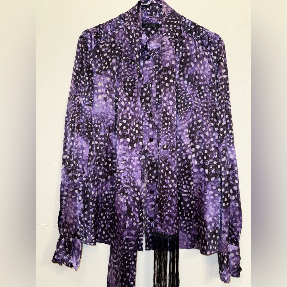 CARLISLE SILK BUTTON DOWN BLOUSE IN SHADES OF PURPLE WITH SILK NECK SCARF SZ 14